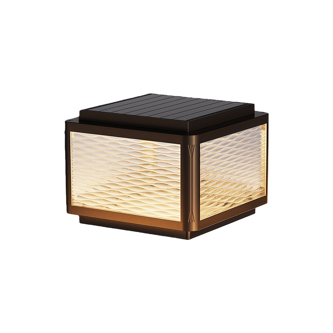 Modern square outdoor pillar light with a sleek design and warm light, perfect for patios and pathways.
