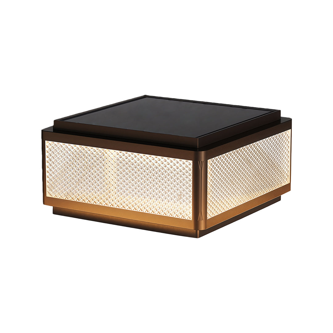 Modern square outdoor pillar light with a sleek design and warm light, perfect for patios and pathways.