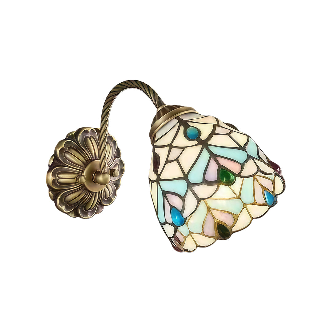 Modern stained glass wall sconce lighting featuring glass shade chandelier aesthetic in mosaic pattern with gooseneck arm design.