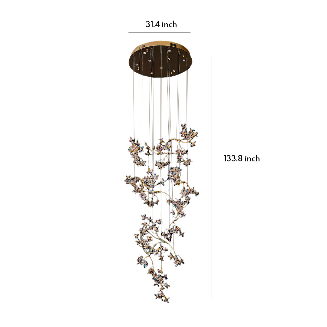 Modern staircase chandelier with glass shade chandelier inspired design featuring cascading botanical crystal elements in gold finish with dimensions.