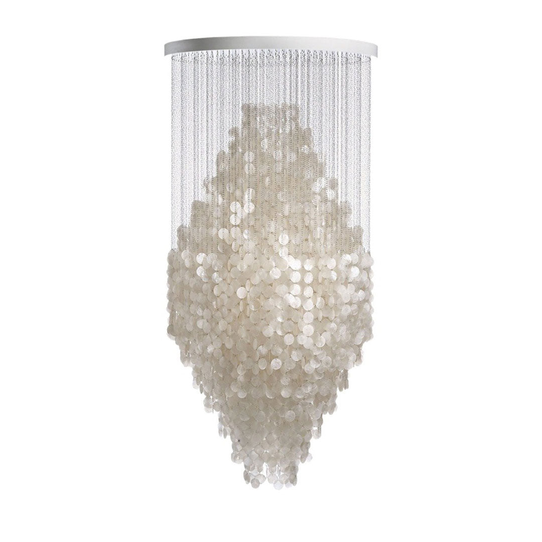 Modern staircase chandelier featuring a tall cascading silhouette with sparkling crystal details.