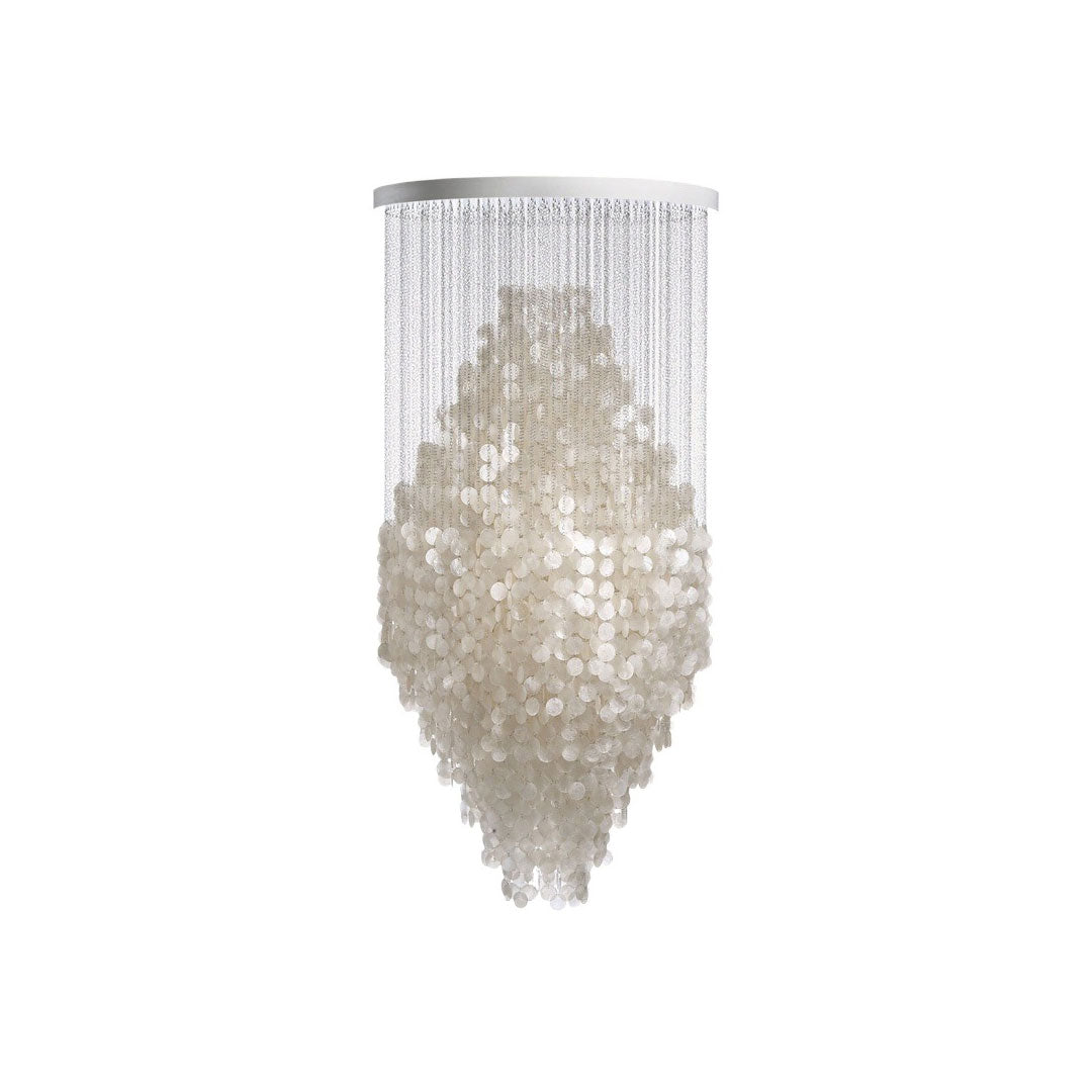 Modern staircase chandelier with cascading crystal strands and layered translucent discs.