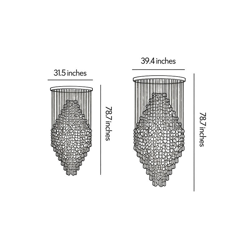 Modern staircase chandelier dimension drawing showing two fixture sizes and overall hanging height.