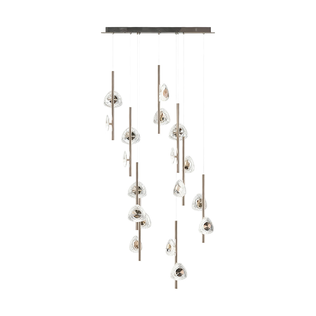 Modern staircase crystal chandelier showcasing elongated drop design with scattered crystal glass pendants in chrome