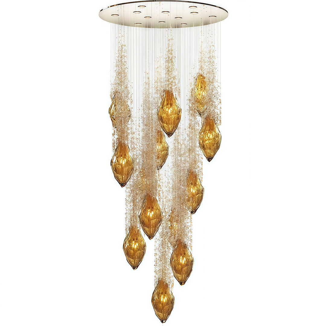 Multi-tier stairway chandelier with cascading amber glass lights.