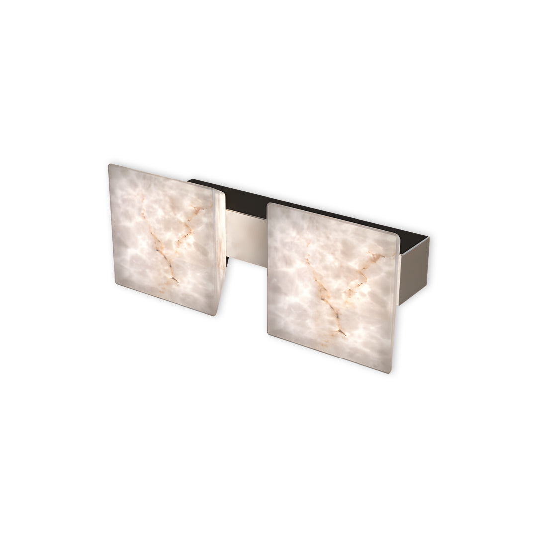 Modern stone wall sconce lighting showcasing two alabaster cube shades with sleek mounting hardware