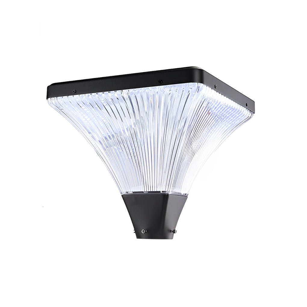 Modern street light head design with clear diffuser and wide light distribution.