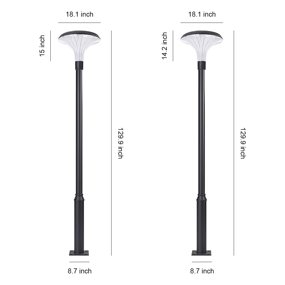 Modern street lighting fixture with a unique design, installed along a well-lit pathway.