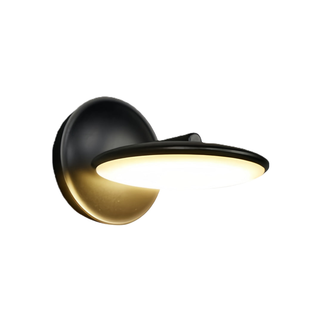 Modern swivel wall light featuring black spherical base with curved LED arm and warm glow