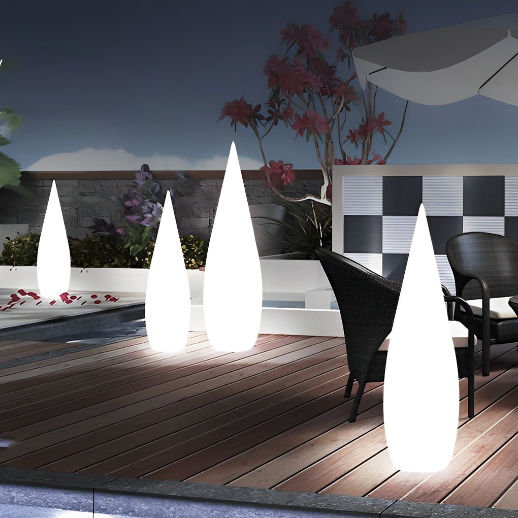 Modern teardrop outdoor light showcased in clean studio background.