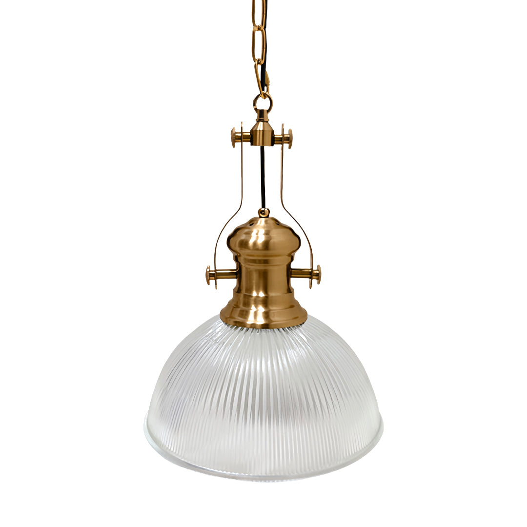 Modern textured glass pendant light featuring clear ribbed shade and gold mounting for contemporary interior design, 15 inch width.