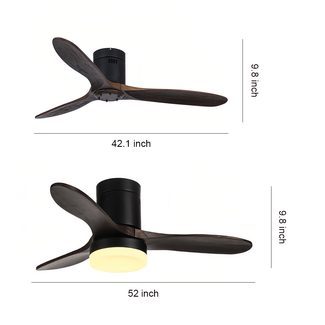 Modern three blade wooden ceiling fan with light in matte black finish with and without LED lighting