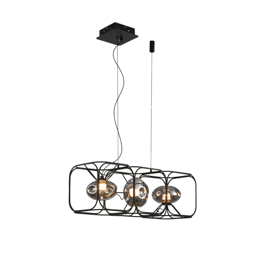 Modern square cage chandelier featuring black wire frame construction with three exposed bulb compartments