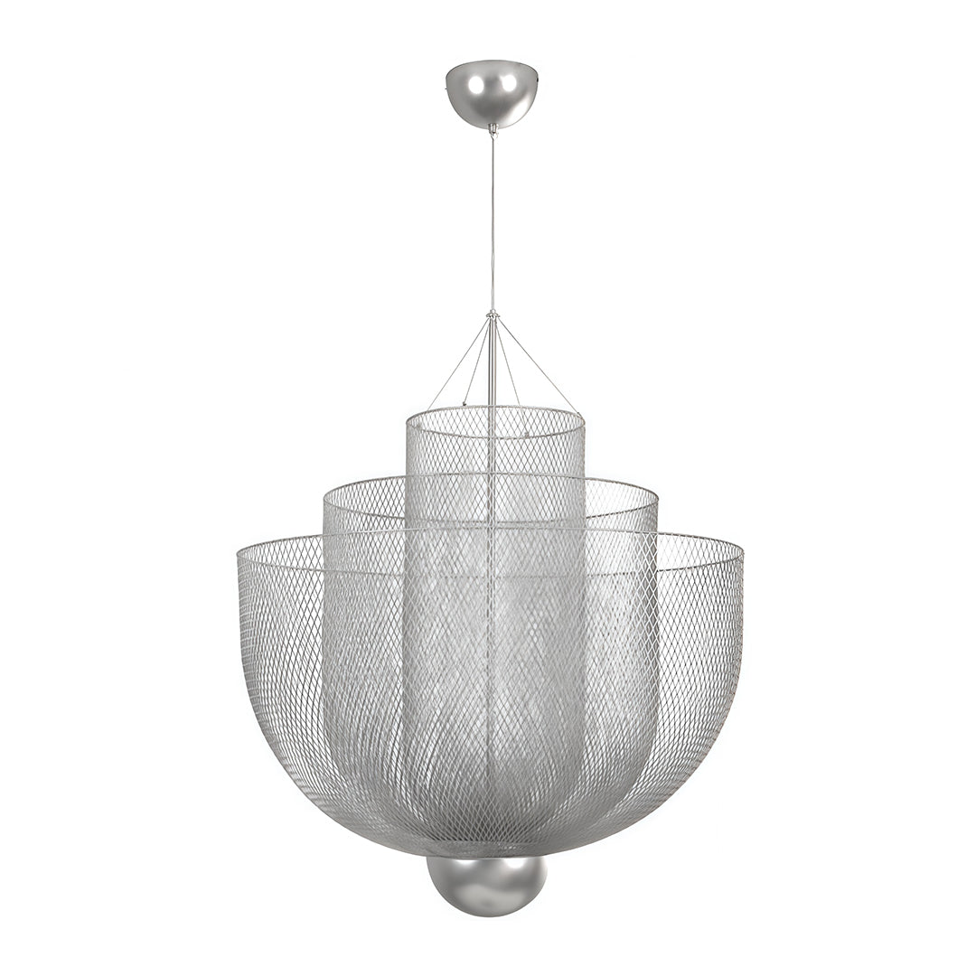 Modern tiered silver mesh chandelier isolated on white background with elegant draped structure.