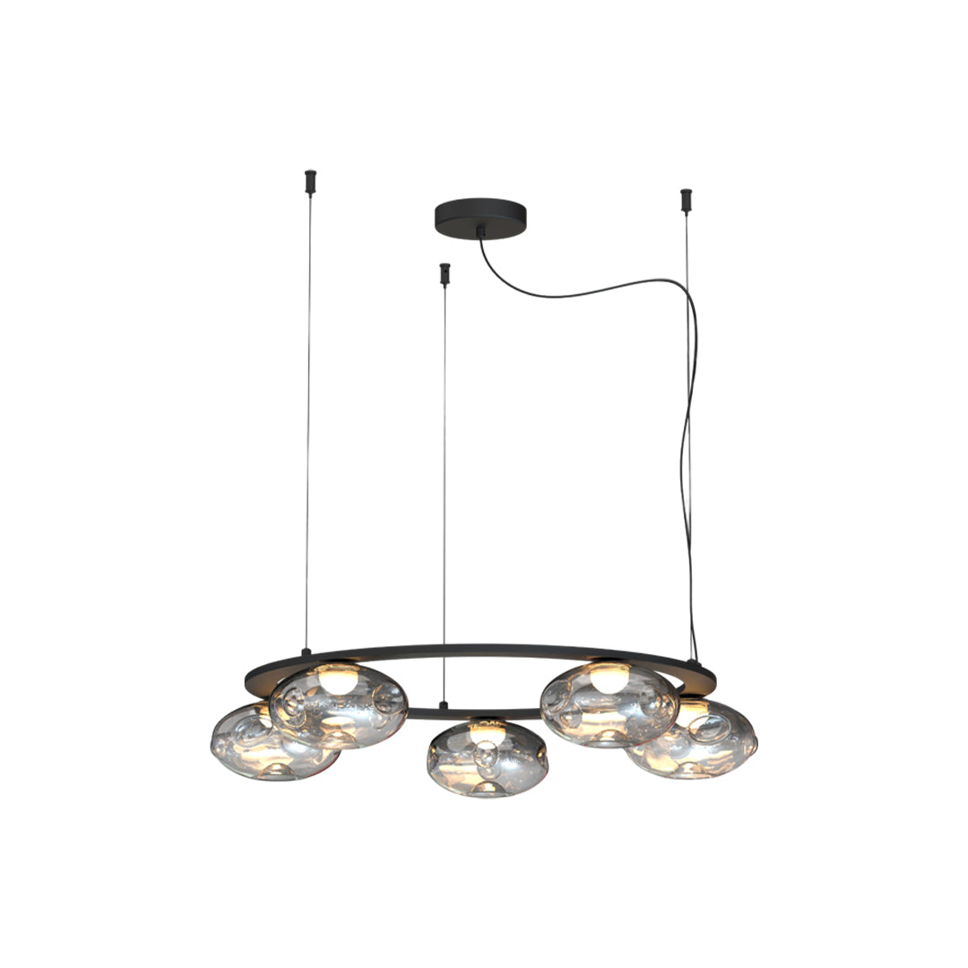 Four-light modern traditional chandelier with curved linear design.