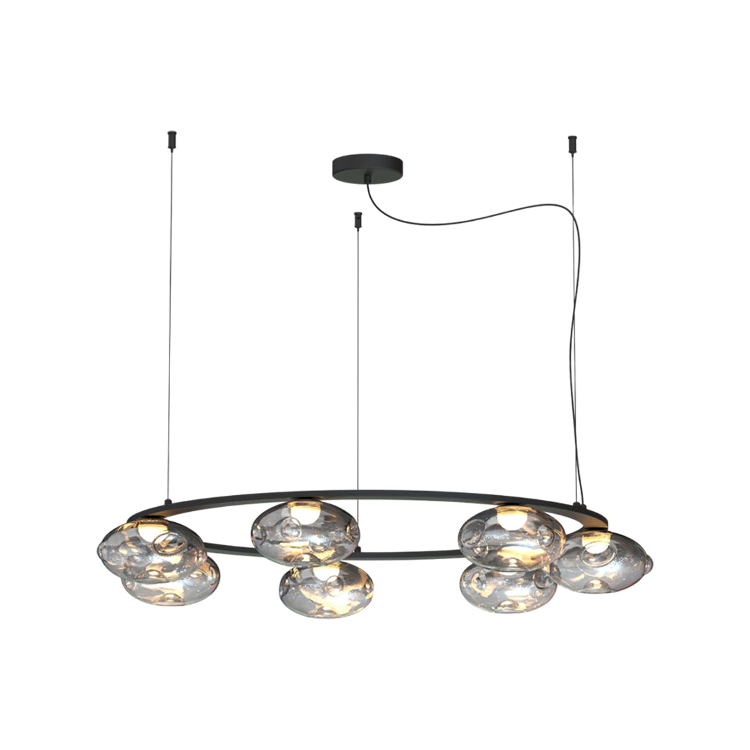 Six-light modern traditional chandelier with extended horizontal structure.