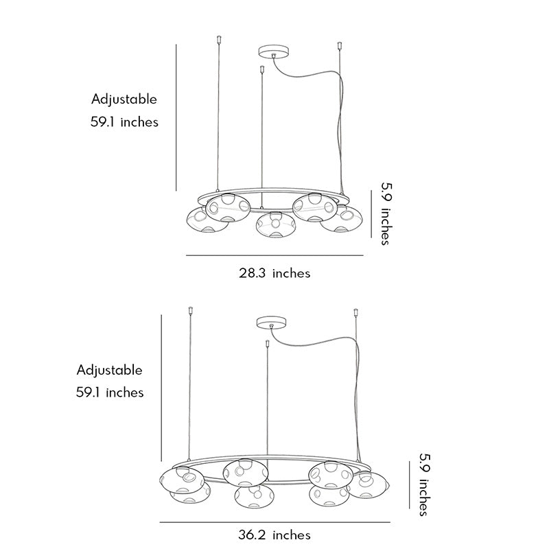 Dimension diagram of modern traditional chandelier showing size and adjustable height.