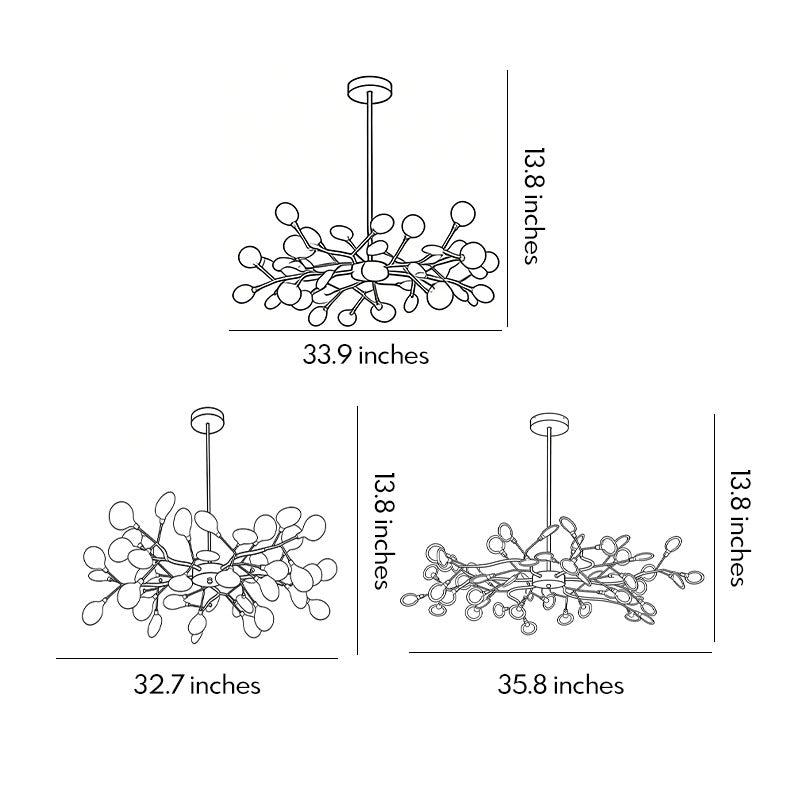 Line drawing of modern tree branch chandelier dimensions, providing installation specifications.