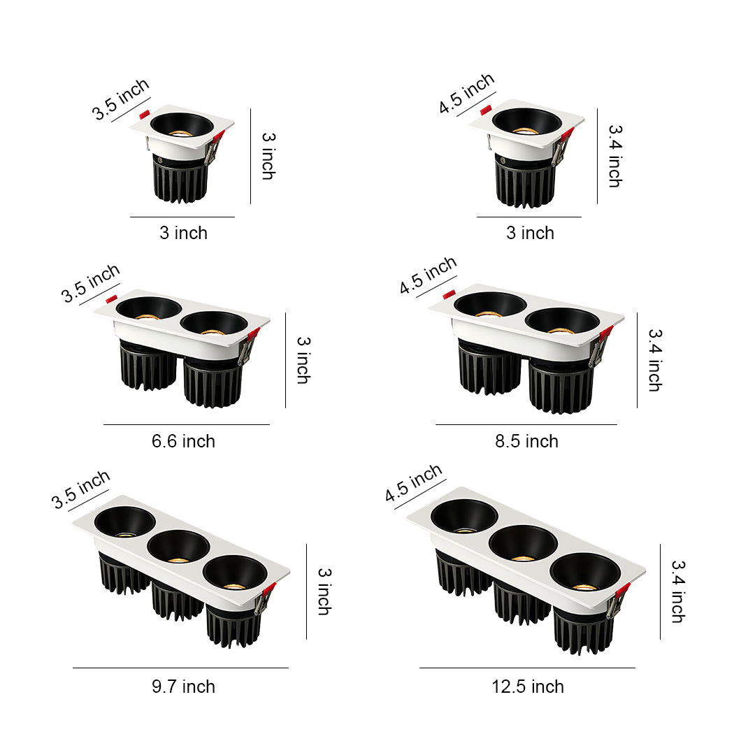 Modern triple square recessed downlight with black interior and adjustable COB LED