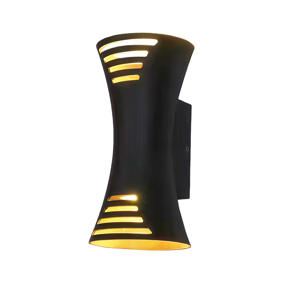Modern up down lighting wall sconce with glass shade chandelier aesthetic in sculptural black design with tiered opening pattern.