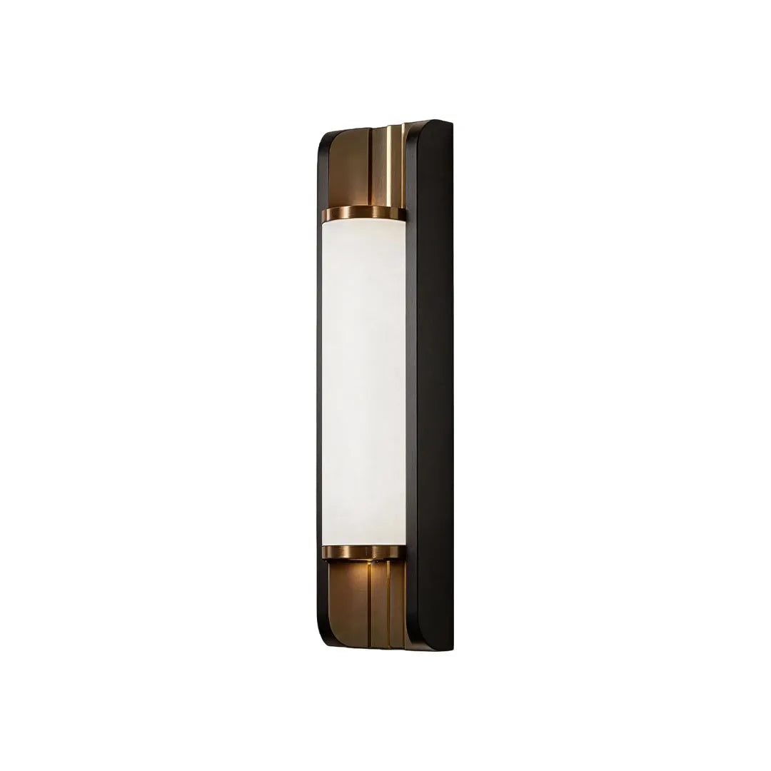 Modern up down outdoor wall sconce with black and bronze finish on white background.