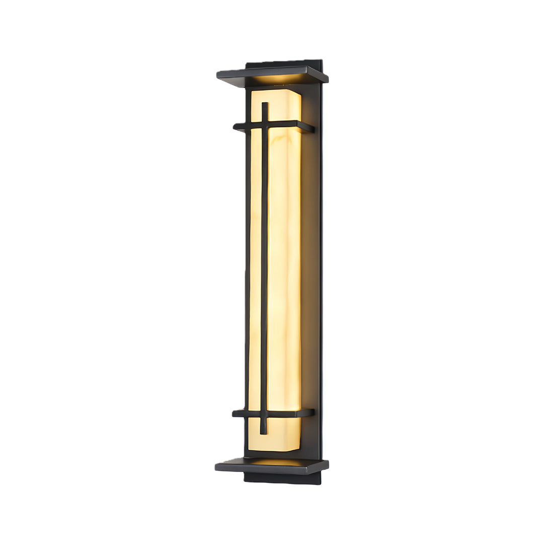 Modern vertical black outside wall light with a warm, illuminated panel, shown on a white background.