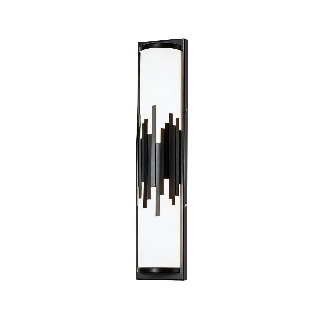 Modern vertical outdoor wall sconce with black frame and gold metal decoration