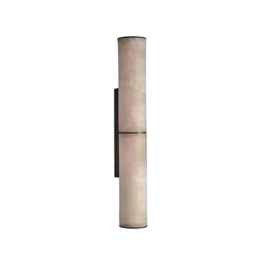 Modern vertical wall sconce product image with a slender marble-look cylinder and black wall mount.