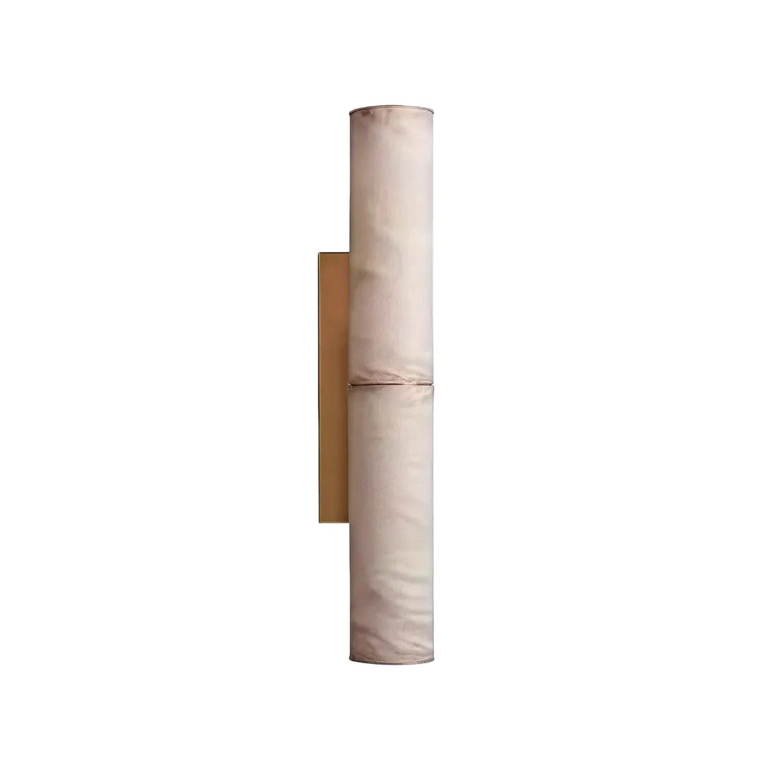 Modern vertical wall sconce product image with a marble-look cylindrical shade and warm brass backplate.