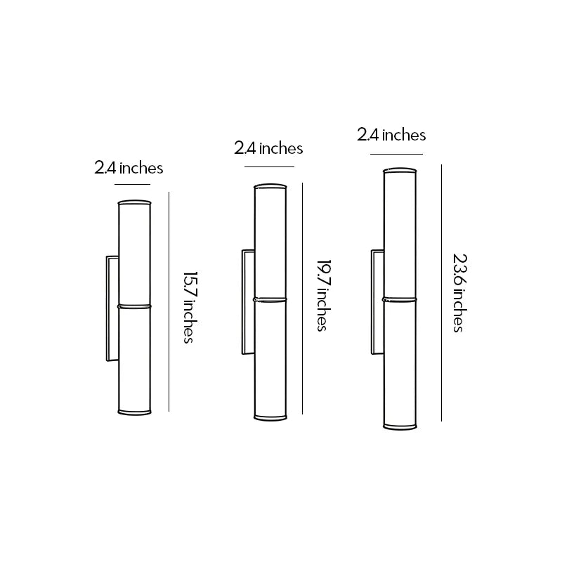 Modern vertical wall sconce dimension drawing showing three size options and fixture measurements.