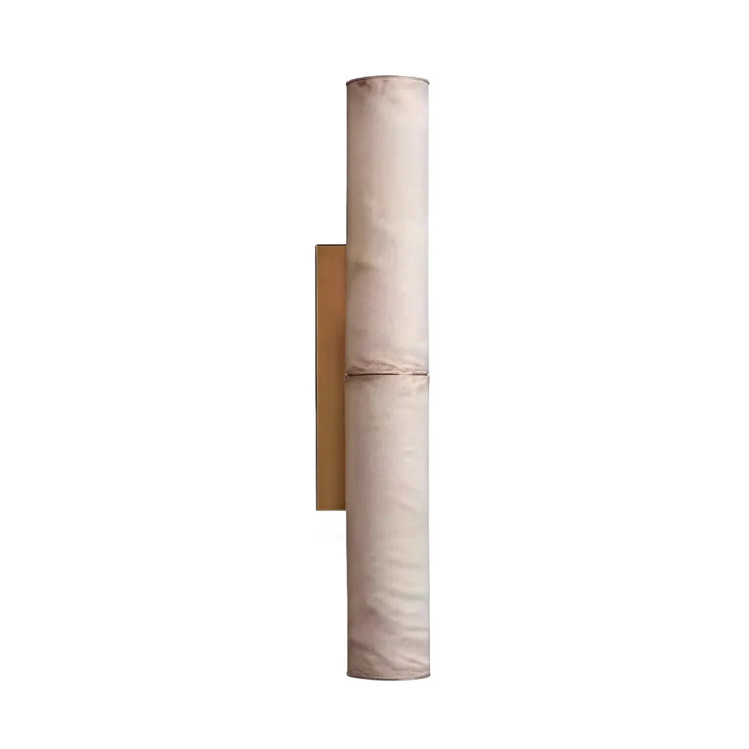 Modern vertical wall sconce product image showing a slim marble-look cylinder with a brass wall mount.