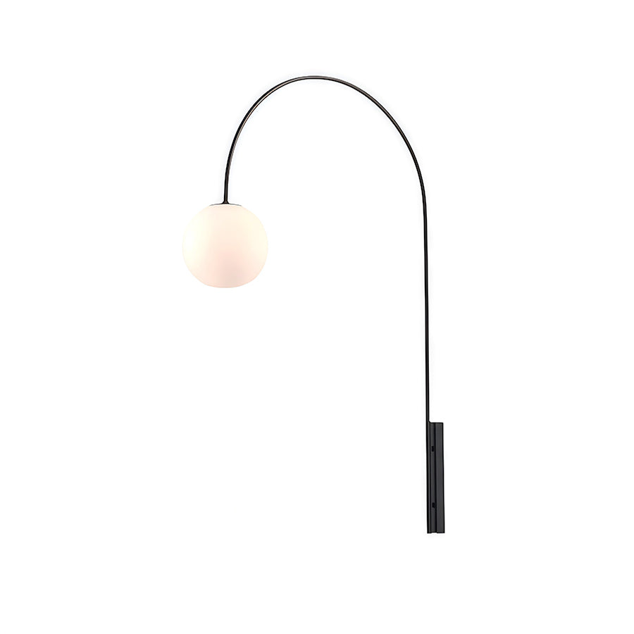 Modern wall arm light featuring long arched black arm with spherical white globe shade on white background.
