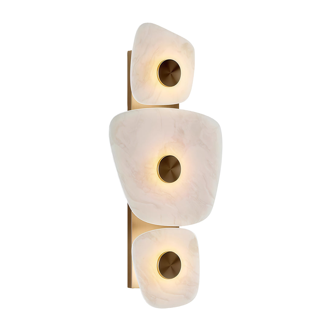 Modern wall art lighted featuring glass shade chandelier aesthetic in vertical arrangement of abstract geometric shapes with warm backlighting.