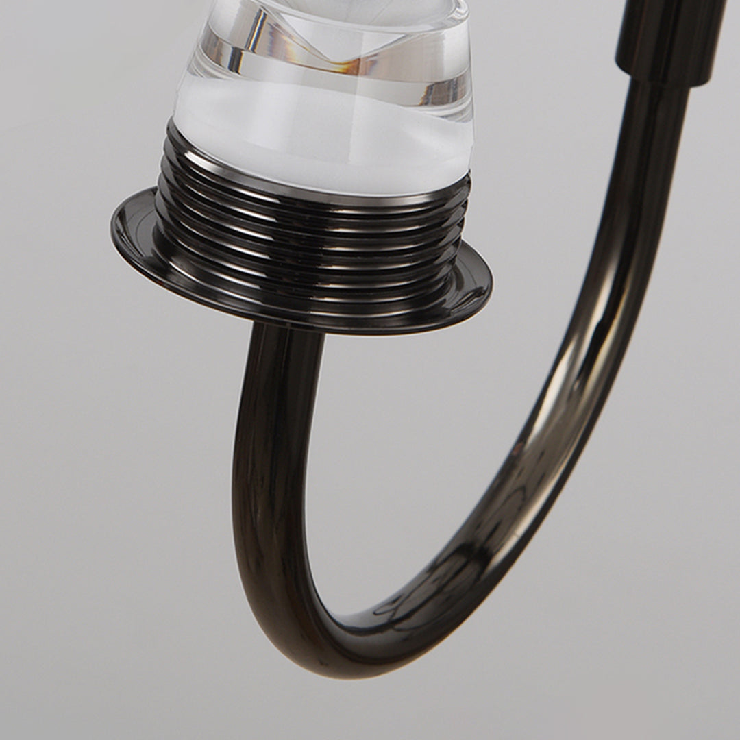 Modern wall light fixture with curved black arm and decorative shade mounted on interior wall