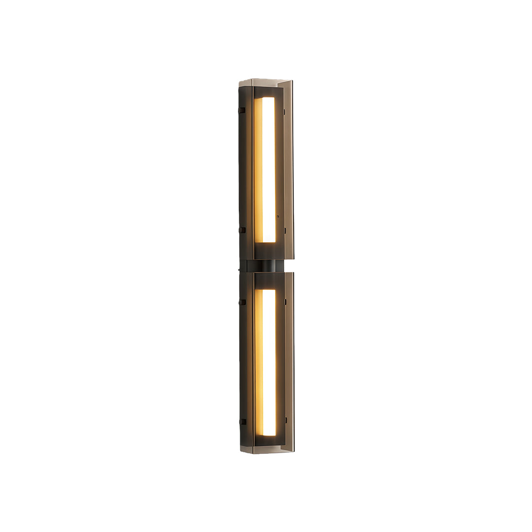 Modern wall light decoration with a black and gold finish, showcasing a double rectangular light design.