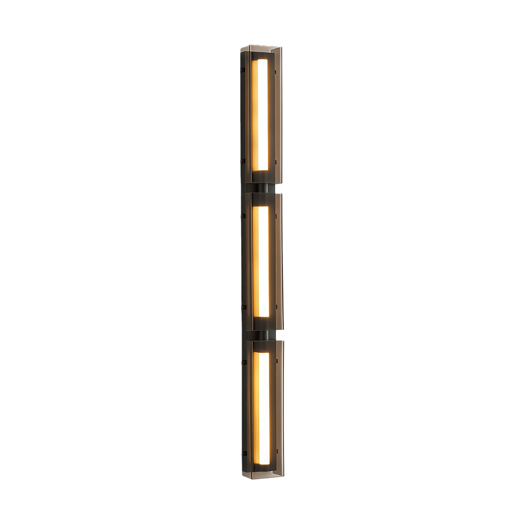 Modern wall light decoration with a black and gold finish, featuring a triple rectangular light design.
