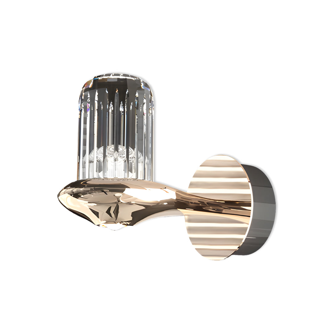 Modern wall lights with crystals showcasing dual crystal glass shades on curved copper-finish mounting bracket