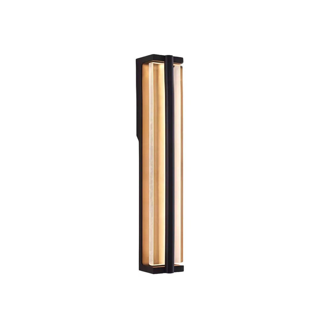 Modern wall mount outdoor lighting with a slim black vertical rectangular fixture on white background.