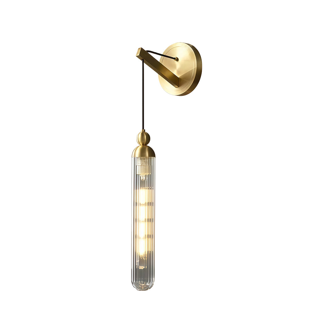 Modern wall mount pendant light featuring glass shade chandelier aesthetic in brass with adjustable gooseneck arm and ridged glass.
