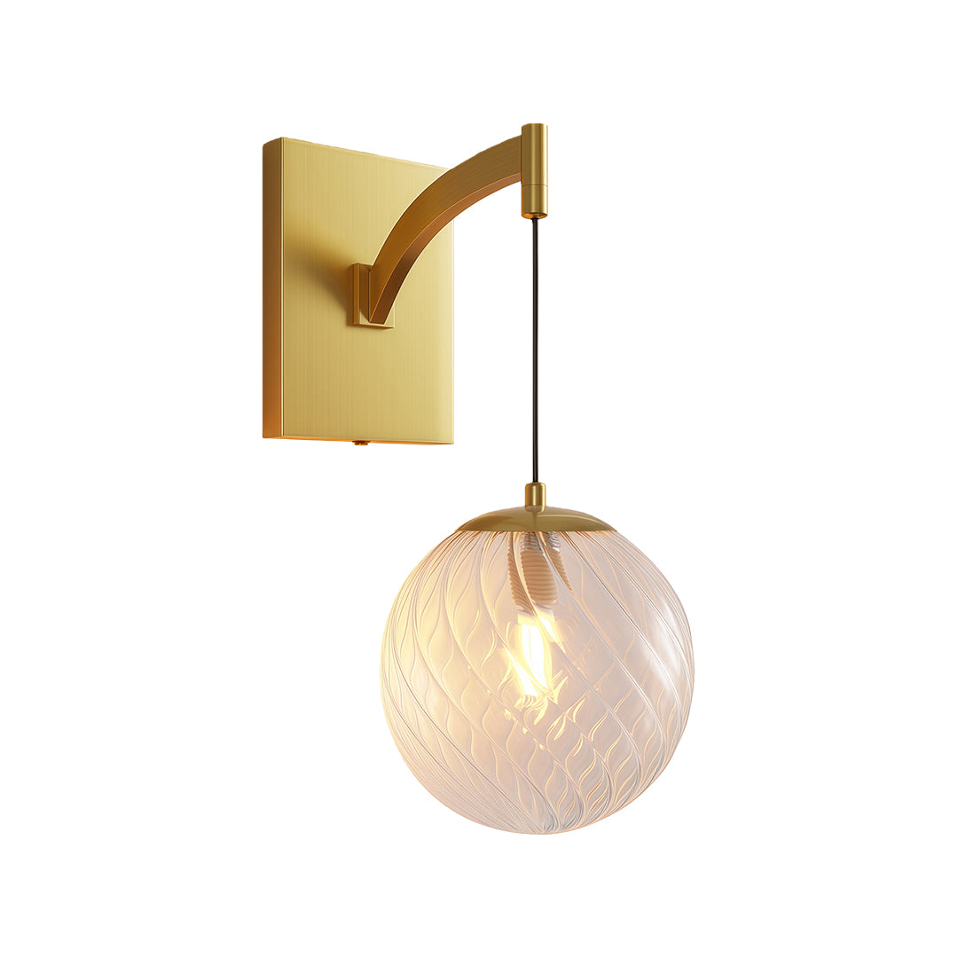 Modern wall mounted pendant light featuring glass shade chandelier aesthetic in brass with adjustable gooseneck arm and amber glass globe.