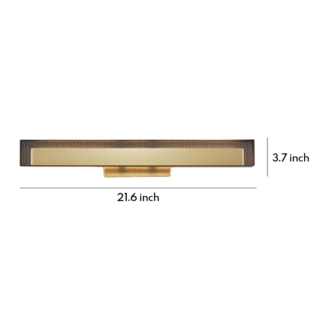 Modern wall picture lights in brass finish with size dimensions labeled.