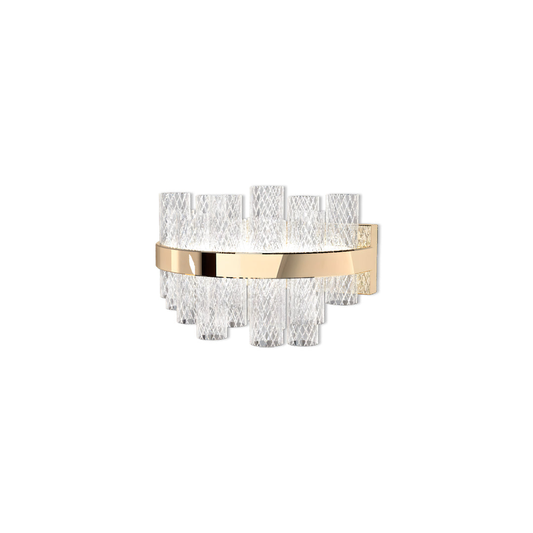 Modern wall sconce glass with geometric stacked design featuring alternating clear crystal and metallic gold segments