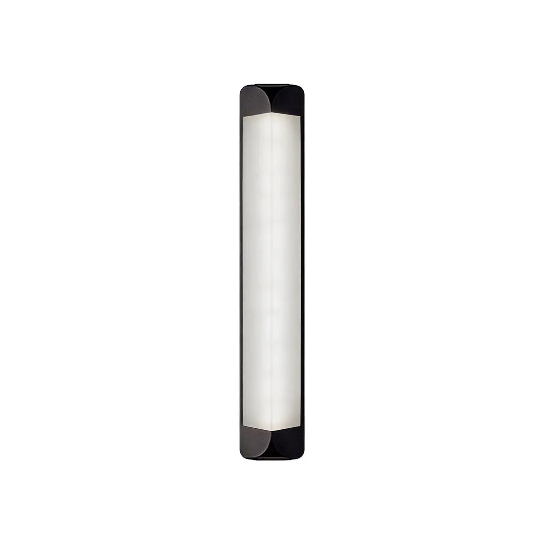 Modern wall sconce outdoor with a slim black vertical LED fixture on white background.