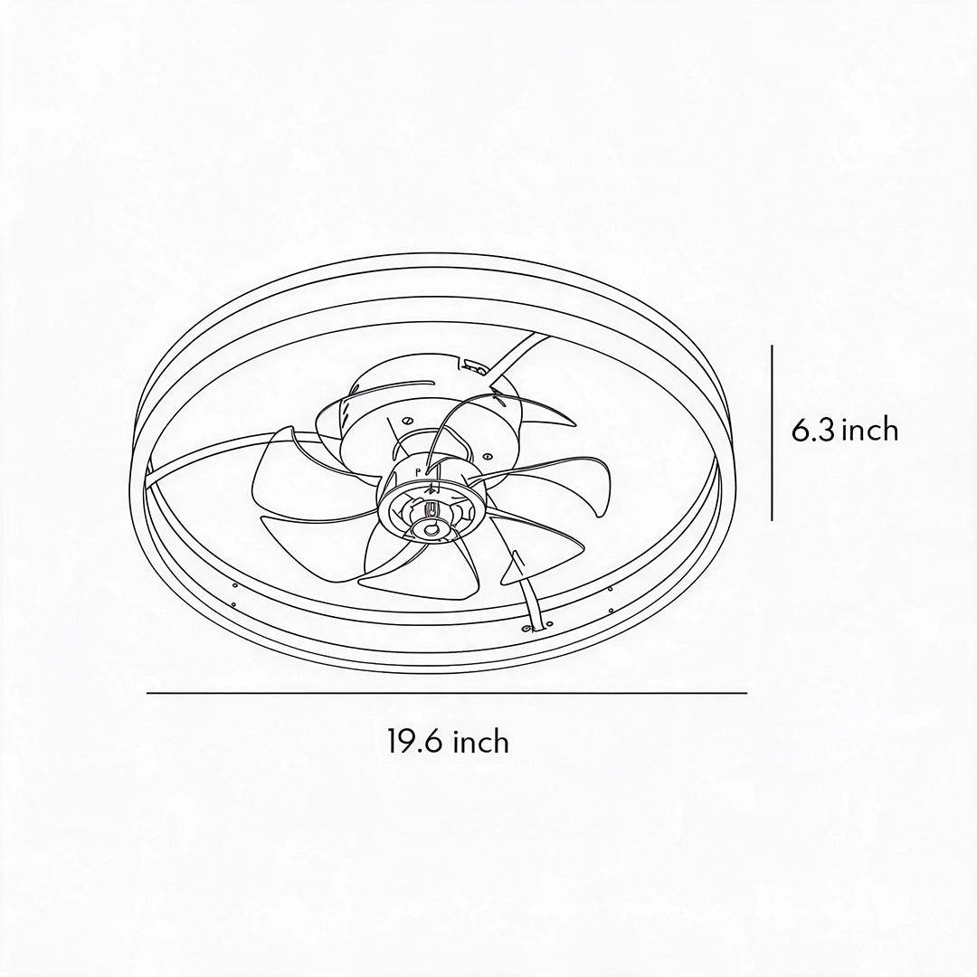Modern white ceiling fan with light dimension diagram showing a 19.5-inch diameter and 6.3-inch height.
