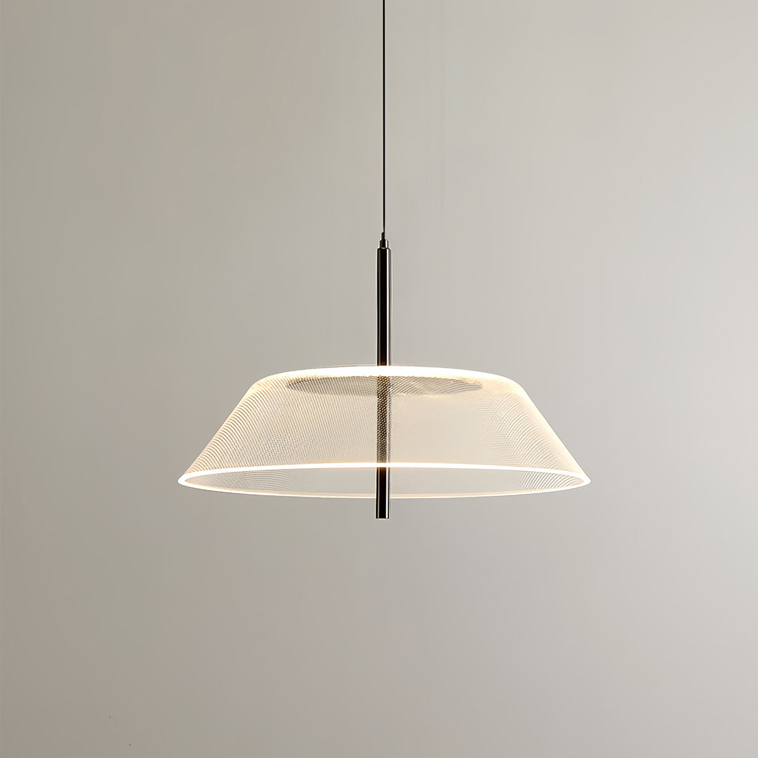Modern white mesh pendant light with a black ceiling mount in a contemporary room