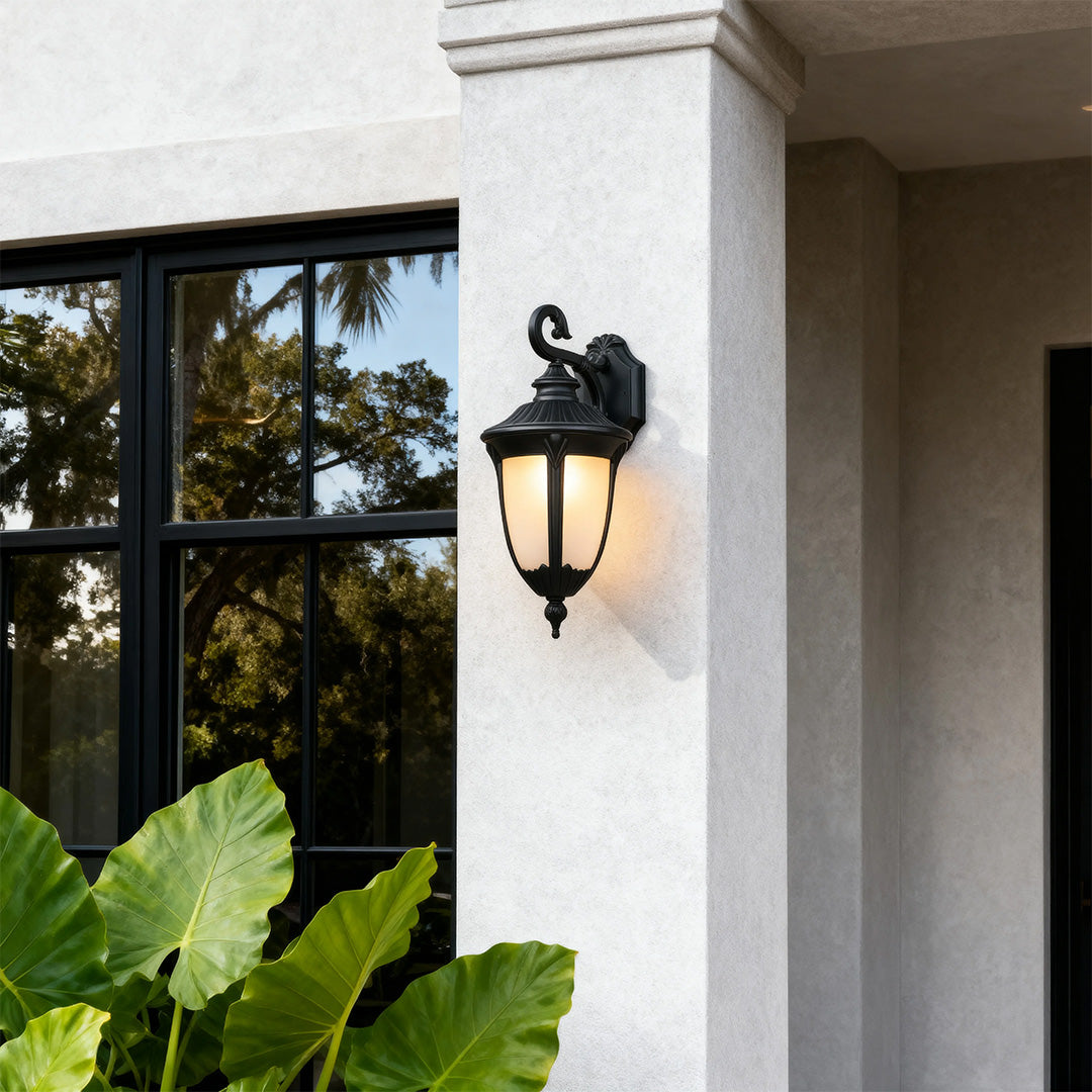 Outdoor black wall sconce beside a modern window, stylish and functional exterior lighting