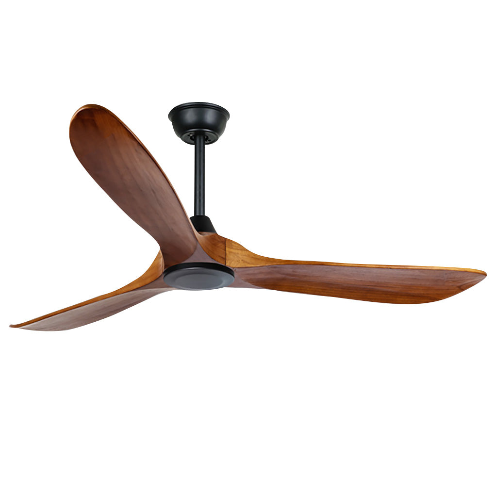Modern wood ceiling fan with light with a close-up of its illuminated light fixture.