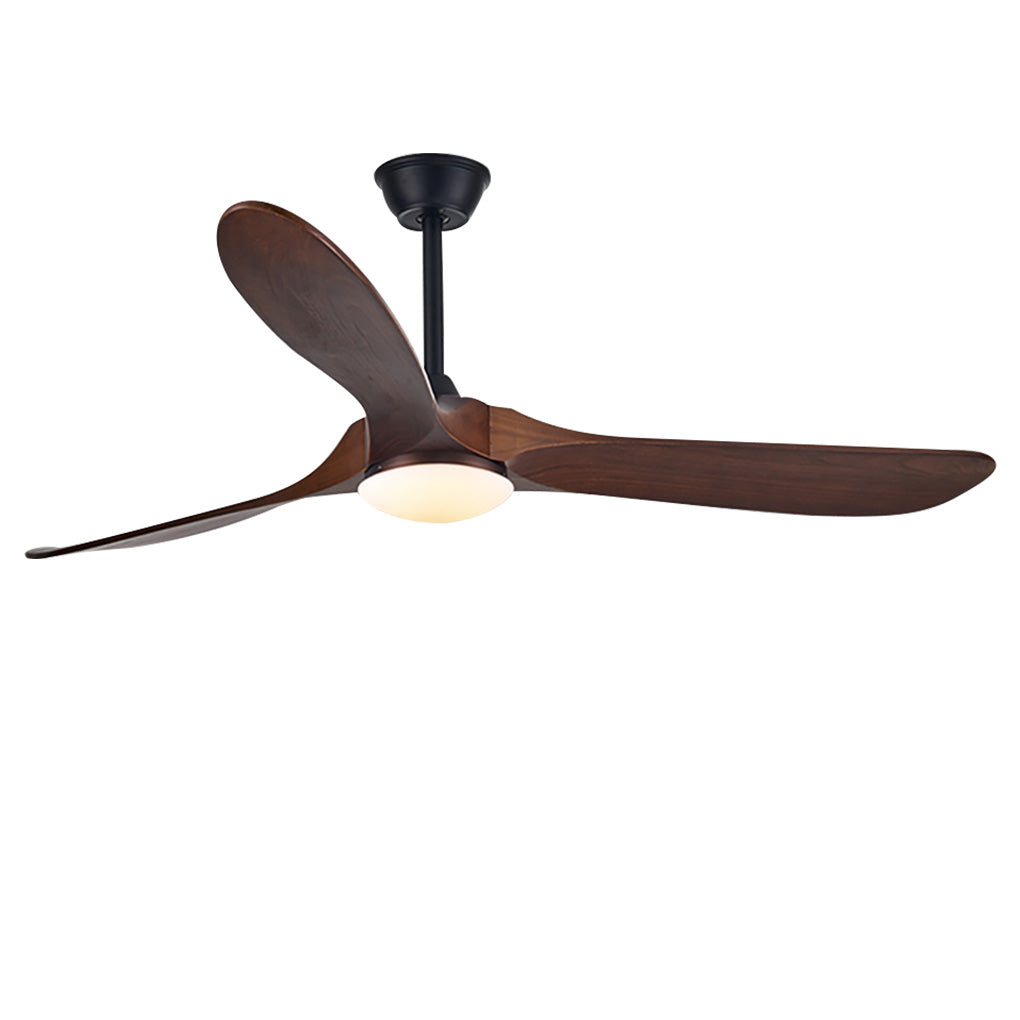 Modern wood ceiling fan with light with a close-up of its sleek design and wooden finish.
