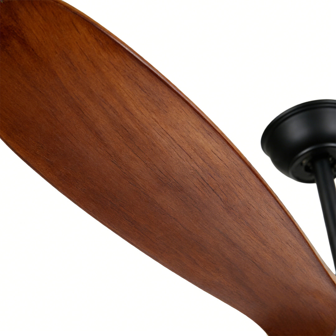 Modern wood ceiling fan with light enhancing a contemporary bedroom with ambient glow.