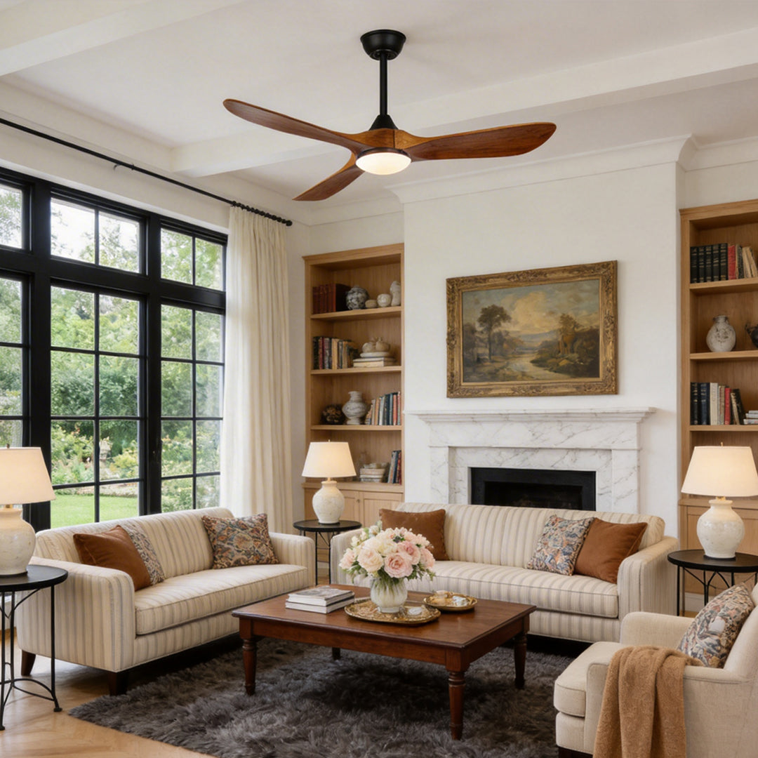 Modern wood ceiling fan with light enhancing a cozy living room with warm illumination.